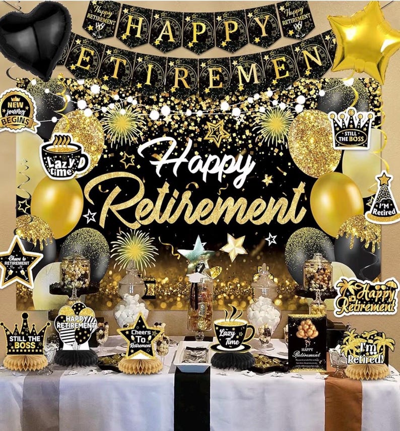 Happy Retirement Party Decorations for Men and Women - Black and Gold Banner, Backdrop Card, Sash, Hanging Swirls, Foil Balloons, Honeycomb