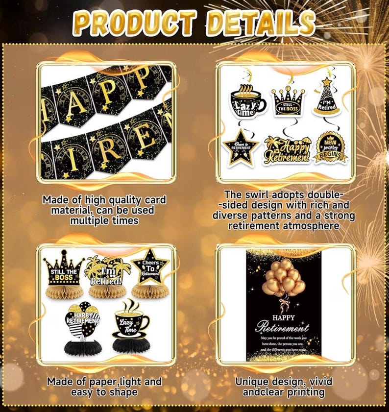 Happy Retirement Party Decorations for Men and Women - Black and Gold Banner, Backdrop Card, Sash, Hanging Swirls, Foil Balloons, Honeycomb