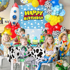 154Pcs Toy Inspired Story Birthday Party Decorations Supplies for Kids Teen, Balloon Arch with Backdrop Tablecloth Cow Print Balloons Star