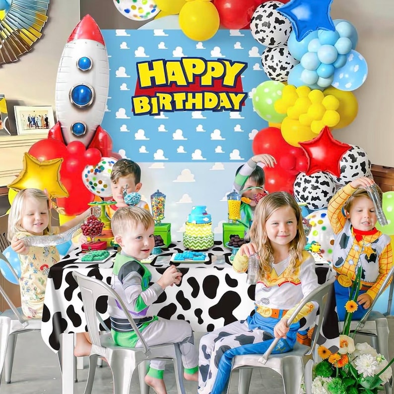 154Pcs Toy Inspired Story Birthday Party Decorations Supplies for Kids Teen, Balloon Arch with Backdrop Tablecloth Cow Print Balloons Star