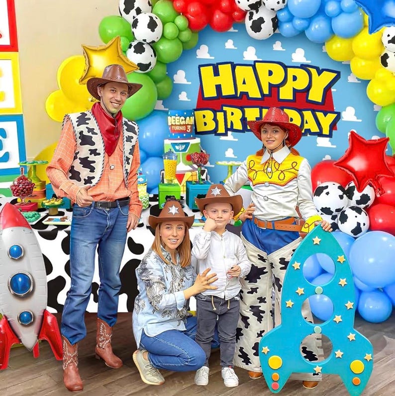 154Pcs Toy Inspired Story Birthday Party Decorations Supplies for Kids Teen, Balloon Arch with Backdrop Tablecloth Cow Print Balloons Star