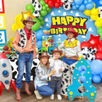 154Pcs Toy Inspired Story Birthday Party Decorations Supplies for Kids Teen, Balloon Arch with Backdrop Tablecloth Cow Print Balloons Star