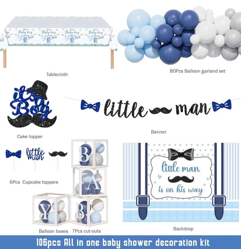 Little Man Baby Shower Decorations, 106 PCs - Unique Boy Baby Shower Party Supplies with Mustache and Bow Tie Backdrop, Balloon Garland