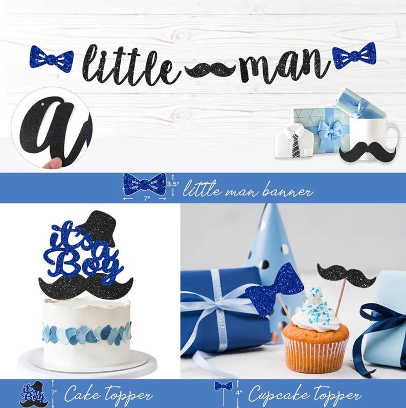 Little Man Baby Shower Decorations, 106 PCs - Unique Boy Baby Shower Party Supplies with Mustache and Bow Tie Backdrop, Balloon Garland