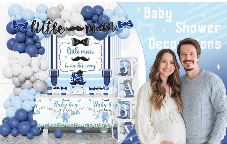Little Man Baby Shower Decorations, 106 PCs - Unique Boy Baby Shower Party Supplies with Mustache and Bow Tie Backdrop, Balloon Garland