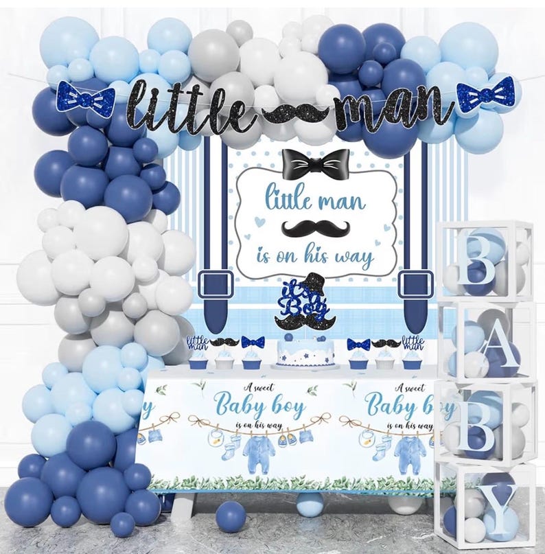 Little Man Baby Shower Decorations, 106 PCs - Unique Boy Baby Shower Party Supplies with Mustache and Bow Tie Backdrop, Balloon Garland