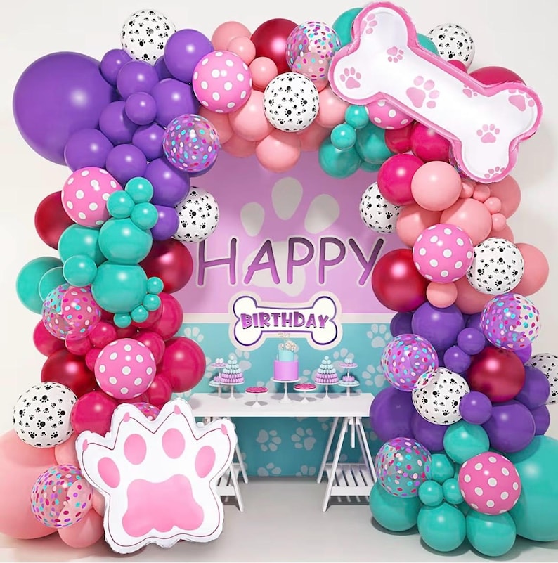 147Pcs Paw Balloons Garland Arch Kit with Dog Paw Print Balloons Pink Purple Turquoise Confetti Balloon for Girls Puppy Themed Birthday Baby