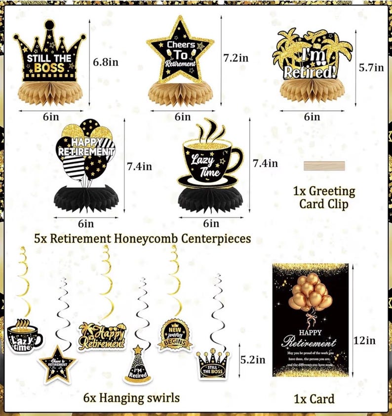 Happy Retirement Party Decorations for Men and Women - Black and Gold Banner, Backdrop Card, Sash, Hanging Swirls, Foil Balloons, Honeycomb