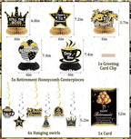Happy Retirement Party Decorations for Men and Women - Black and Gold Banner, Backdrop Card, Sash, Hanging Swirls, Foil Balloons, Honeycomb