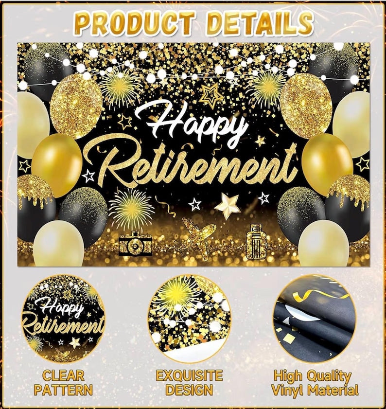 Happy Retirement Party Decorations for Men and Women - Black and Gold Banner, Backdrop Card, Sash, Hanging Swirls, Foil Balloons, Honeycomb