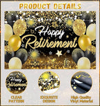 Happy Retirement Party Decorations for Men and Women - Black and Gold Banner, Backdrop Card, Sash, Hanging Swirls, Foil Balloons, Honeycomb