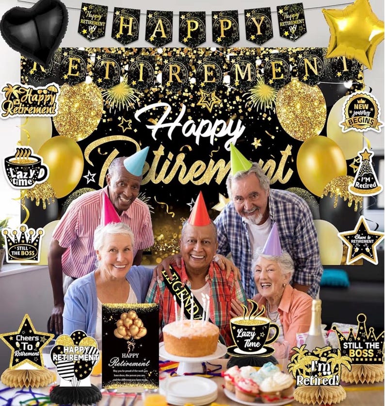 Happy Retirement Party Decorations for Men and Women - Black and Gold Banner, Backdrop Card, Sash, Hanging Swirls, Foil Balloons, Honeycomb