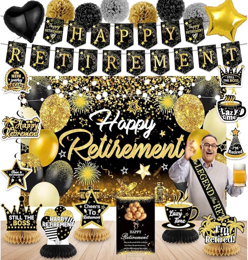 Happy Retirement Party Decorations for Men and Women - Black and Gold Banner, Backdrop Card, Sash, Hanging Swirls, Foil Balloons, Honeycomb