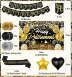 Happy Retirement Party Decorations for Men and Women - Black and Gold Banner, Backdrop Card, Sash, Hanging Swirls, Foil Balloons, Honeycomb