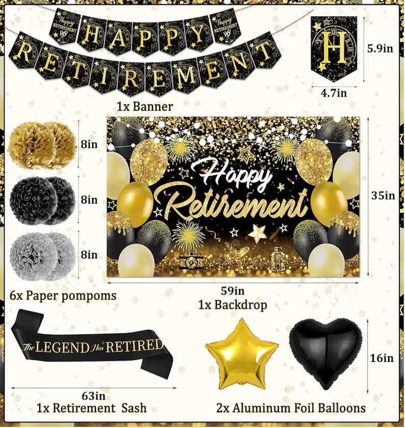 Happy Retirement Party Decorations for Men and Women - Black and Gold Banner, Backdrop Card, Sash, Hanging Swirls, Foil Balloons, Honeycomb