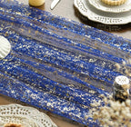 Blue Gold Gauze Table Runner 120 Inch 10FT, Glitter Metallic Foil Sheer Dining Wedding Anniversary Holiday Table Decor for Home Party