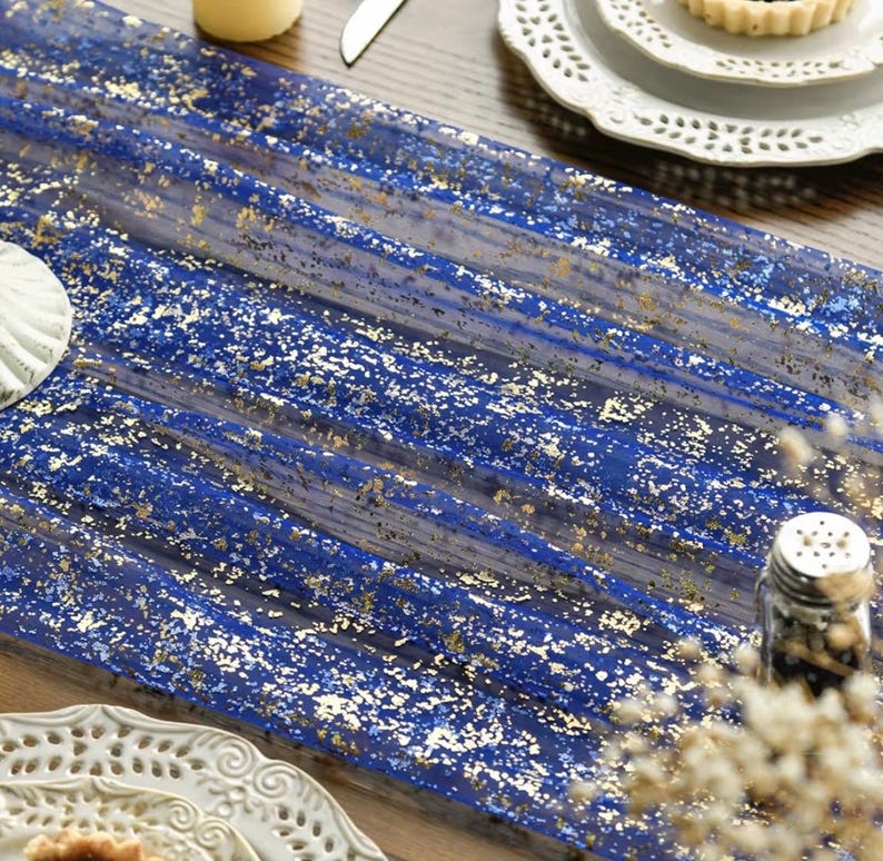 Blue Gold Gauze Table Runner 120 Inch 10FT, Glitter Metallic Foil Sheer Dining Wedding Anniversary Holiday Table Decor for Home Party