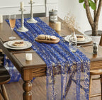 Blue Gold Gauze Table Runner 120 Inch 10FT, Glitter Metallic Foil Sheer Dining Wedding Anniversary Holiday Table Decor for Home Party
