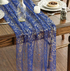 Blue Gold Gauze Table Runner 120 Inch 10FT, Glitter Metallic Foil Sheer Dining Wedding Anniversary Holiday Table Decor for Home Party
