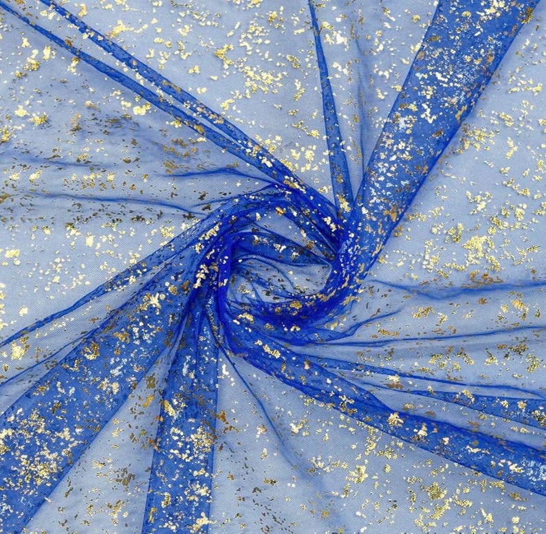 Blue Gold Gauze Table Runner 120 Inch 10FT, Glitter Metallic Foil Sheer Dining Wedding Anniversary Holiday Table Decor for Home Party