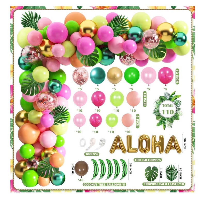 Tropical Luau Balloons Arch Garland Kit Luau Party Decorations with Palm Leaves Flamingo Palm Tree Aloha Foil Balloon Coconut Balloons Set