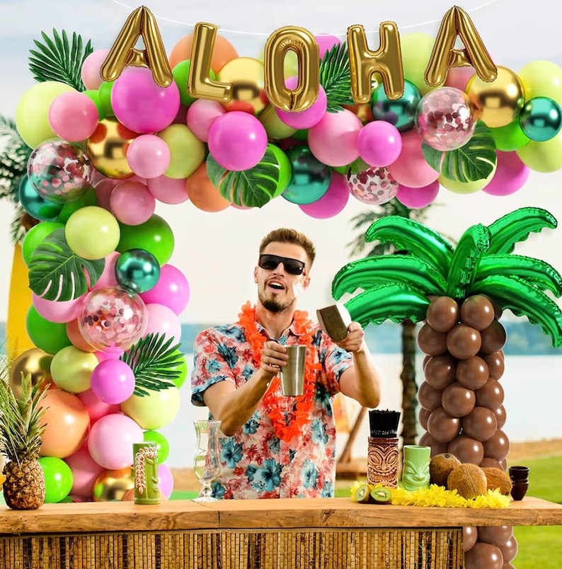 Tropical Luau Balloons Arch Garland Kit Luau Party Decorations with Palm Leaves Flamingo Palm Tree Aloha Foil Balloon Coconut Balloons Set