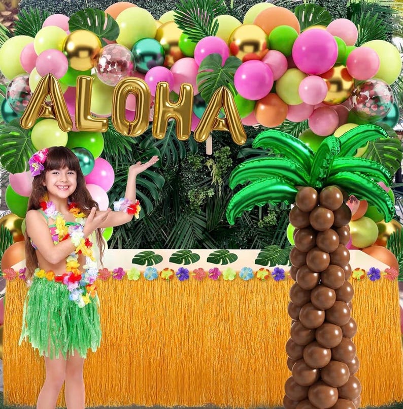 Tropical Luau Balloons Arch Garland Kit Luau Party Decorations with Palm Leaves Flamingo Palm Tree Aloha Foil Balloon Coconut Balloons Set