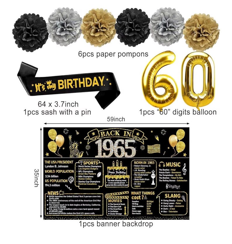 60th Birthday Decorations for Men, Vintage 1966 Black Gold Party Supplies, 21pcs 60 Year Old Birthday Backdrop Banner Set