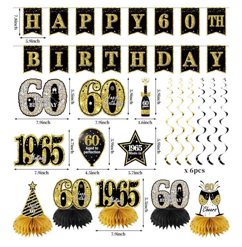 60th Birthday Decorations for Men, Vintage 1966 Black Gold Party Supplies, 21pcs 60 Year Old Birthday Backdrop Banner Set