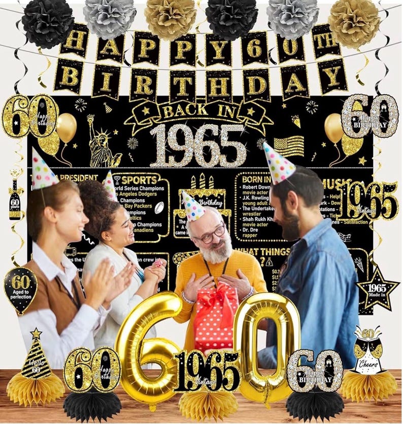 60th Birthday Decorations for Men, Vintage 1966 Black Gold Party Supplies, 21pcs 60 Year Old Birthday Backdrop Banner Set