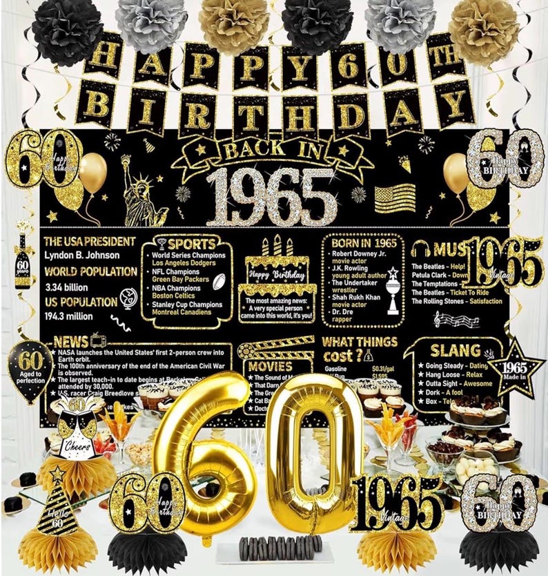 60th Birthday Decorations for Men, Vintage 1966 Black Gold Party Supplies, 21pcs 60 Year Old Birthday Backdrop Banner Set