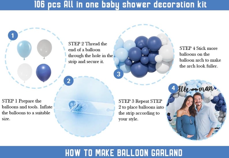Little Man Baby Shower Decorations, 106 PCs - Unique Boy Baby Shower Party Supplies with Mustache and Bow Tie Backdrop, Balloon Garland
