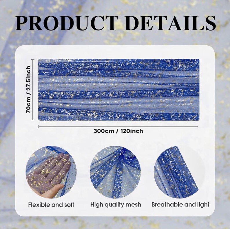 Blue Gold Gauze Table Runner 120 Inch 10FT, Glitter Metallic Foil Sheer Dining Wedding Anniversary Holiday Table Decor for Home Party