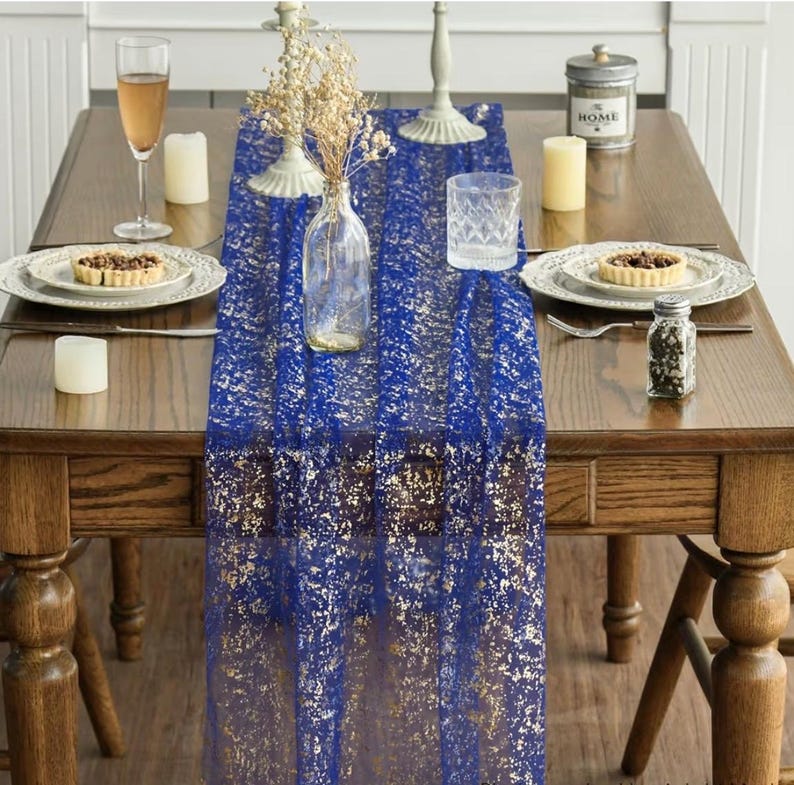 Blue Gold Gauze Table Runner 120 Inch 10FT, Glitter Metallic Foil Sheer Dining Wedding Anniversary Holiday Table Decor for Home Party