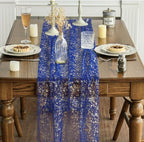 Blue Gold Gauze Table Runner 120 Inch 10FT, Glitter Metallic Foil Sheer Dining Wedding Anniversary Holiday Table Decor for Home Party