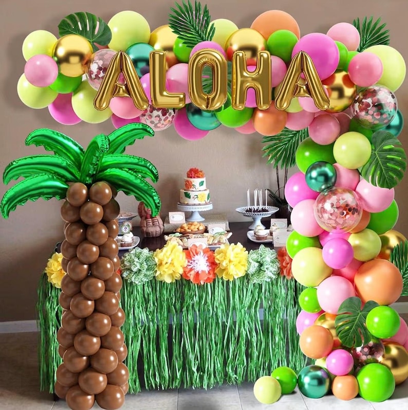 Tropical Luau Balloons Arch Garland Kit Luau Party Decorations with Palm Leaves Flamingo Palm Tree Aloha Foil Balloon Coconut Balloons Set