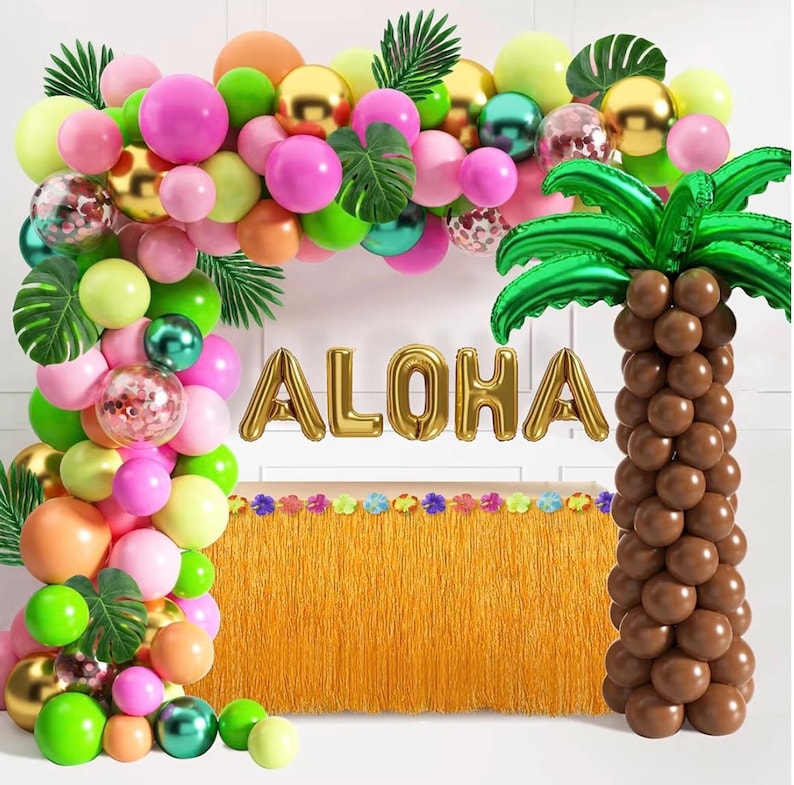 Tropical Luau Balloons Arch Garland Kit Luau Party Decorations with Palm Leaves Flamingo Palm Tree Aloha Foil Balloon Coconut Balloons Set