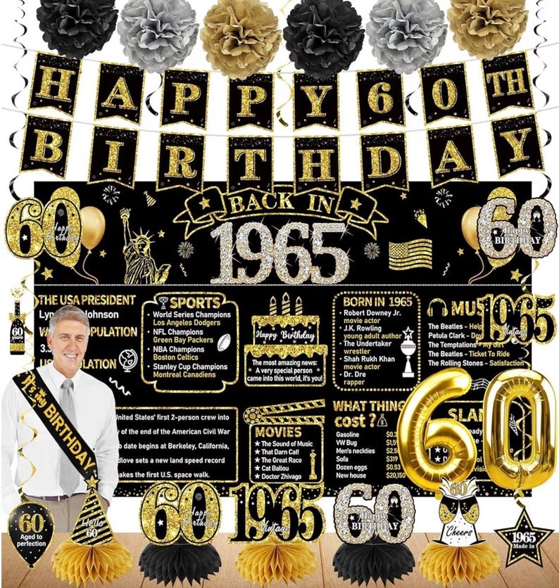 60th Birthday Decorations for Men, Vintage 1966 Black Gold Party Supplies, 21pcs 60 Year Old Birthday Backdrop Banner Set