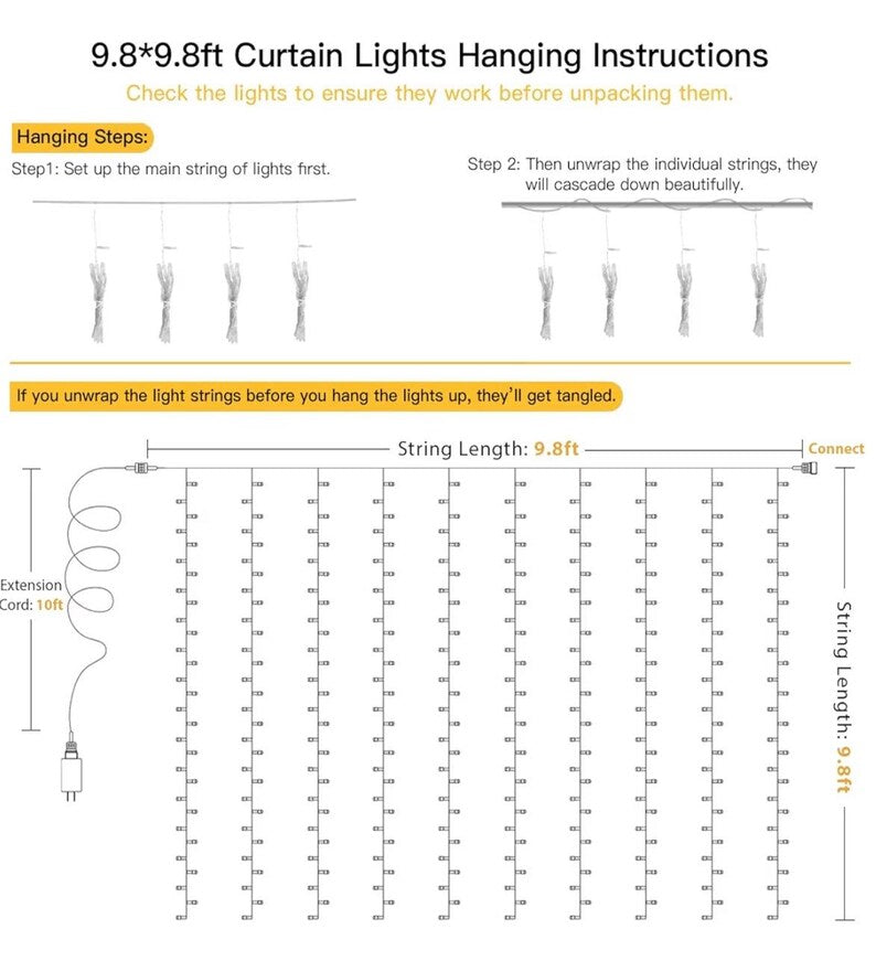 300 LED Curtain Lights with 18 Hang Down String Lights, 10×10 ft Plug in Hanging Fairy Lights for Twinkle Lights for Wedding Backdrop Patio