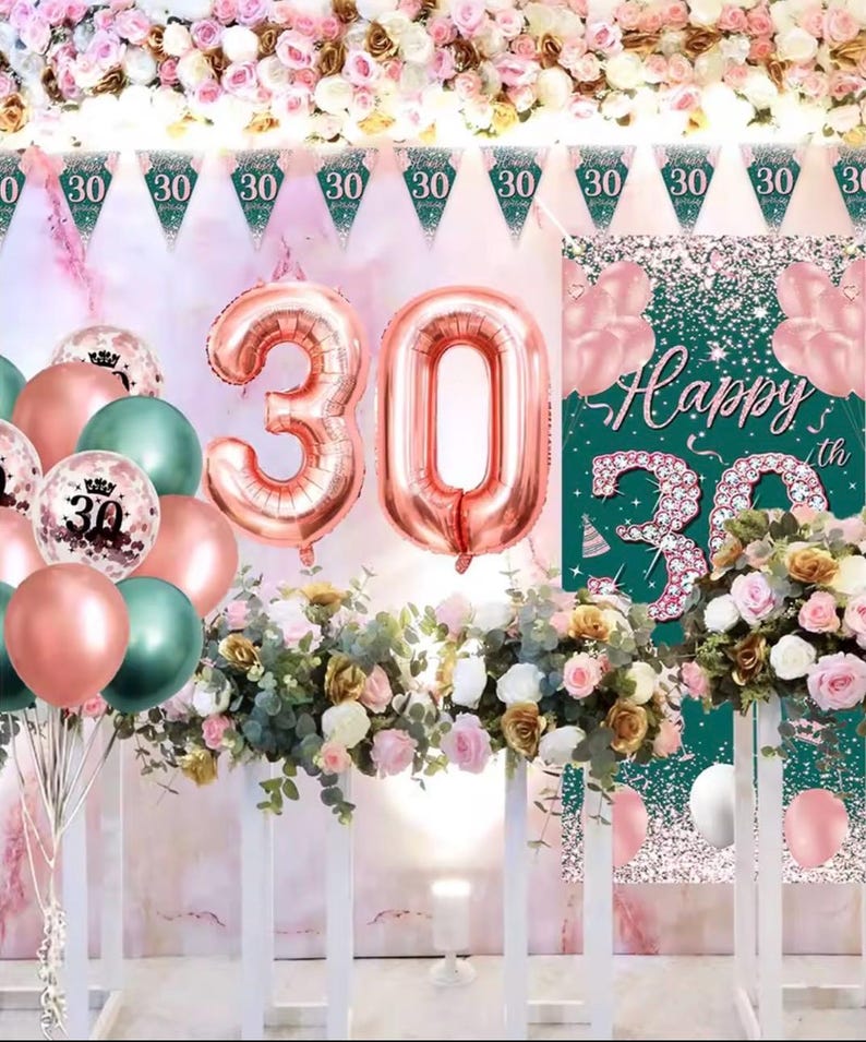 30th Birthday Decorations for Women Men,Birthday Banner  Cake Topper Number 30 Foil Balloon, Sage Green Rose Gold  Balloons for 30 Year Old