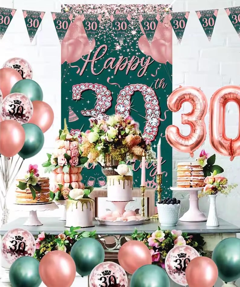 30th Birthday Decorations for Women Men,Birthday Banner  Cake Topper Number 30 Foil Balloon, Sage Green Rose Gold  Balloons for 30 Year Old