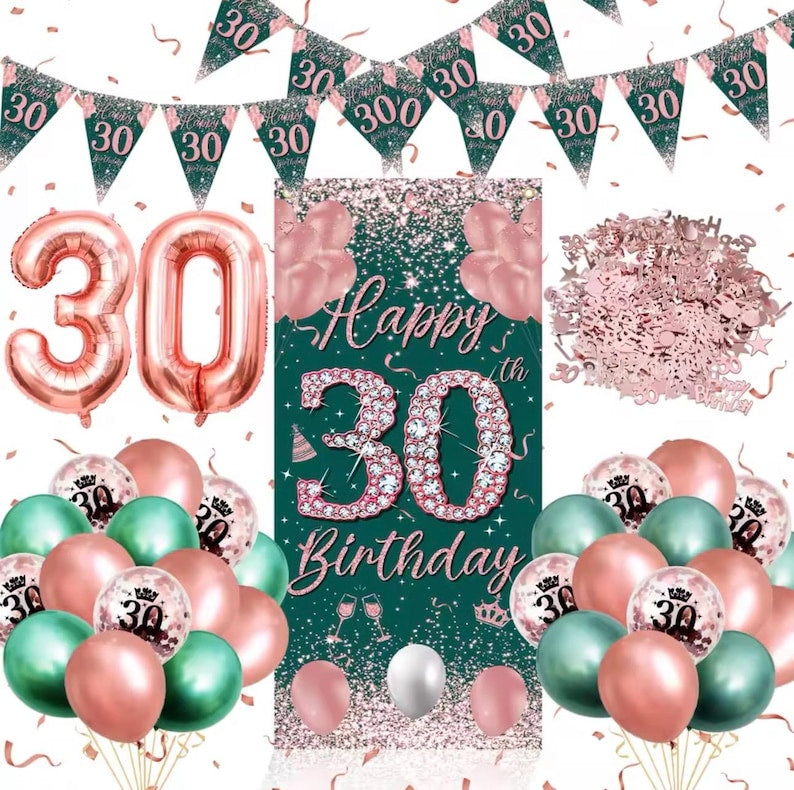 30th Birthday Decorations for Women Men,Birthday Banner  Cake Topper Number 30 Foil Balloon, Sage Green Rose Gold  Balloons for 30 Year Old