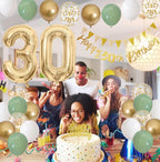 30th Birthday Decorations for Women Men,Happy Banner With Cake Topper Number 30 Foil Balloon, Sage Green White Gold Balloons for 30 Year Old