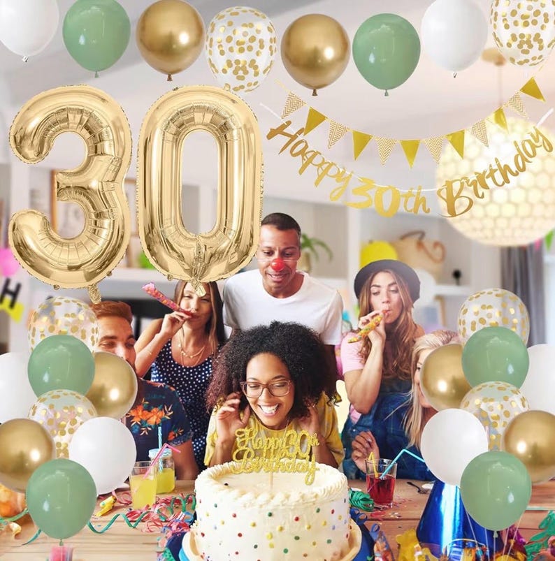 30th Birthday Decorations for Women Men,Happy Banner With Cake Topper Number 30 Foil Balloon, Sage Green White Gold Balloons for 30 Year Old