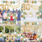 30th Birthday Decorations for Women Men,Happy Banner With Cake Topper Number 30 Foil Balloon, Sage Green White Gold Balloons for 30 Year Old