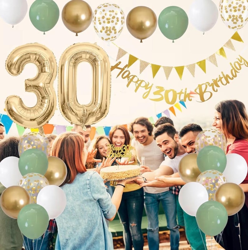 30th Birthday Decorations for Women Men,Happy Banner With Cake Topper Number 30 Foil Balloon, Sage Green White Gold Balloons for 30 Year Old