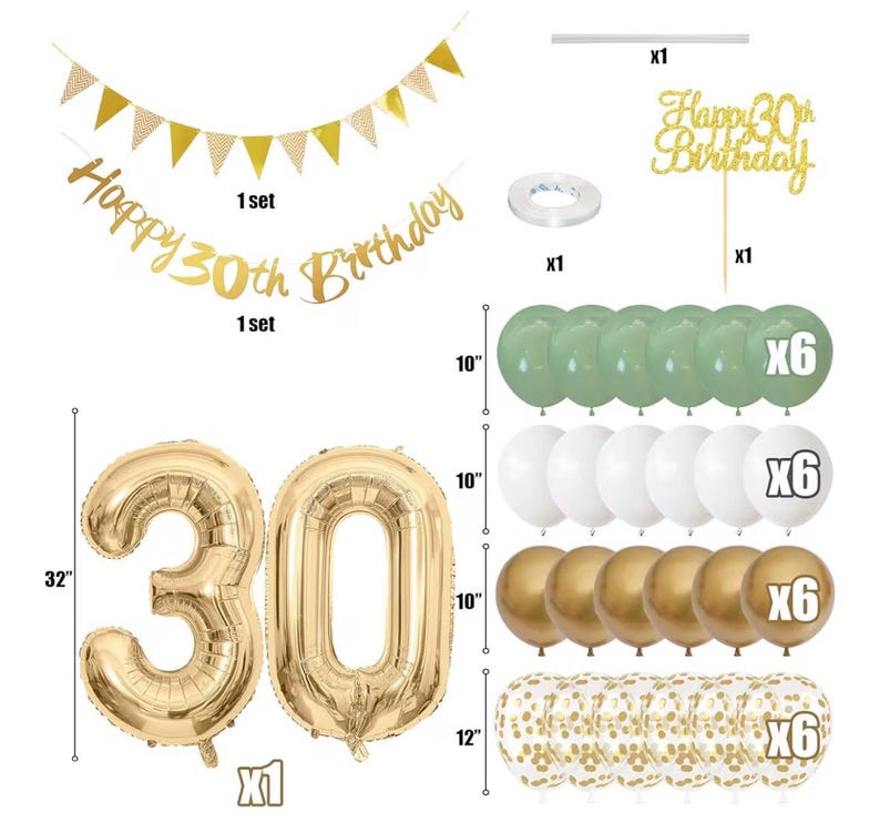 30th Birthday Decorations for Women Men,Happy Banner With Cake Topper Number 30 Foil Balloon, Sage Green White Gold Balloons for 30 Year Old
