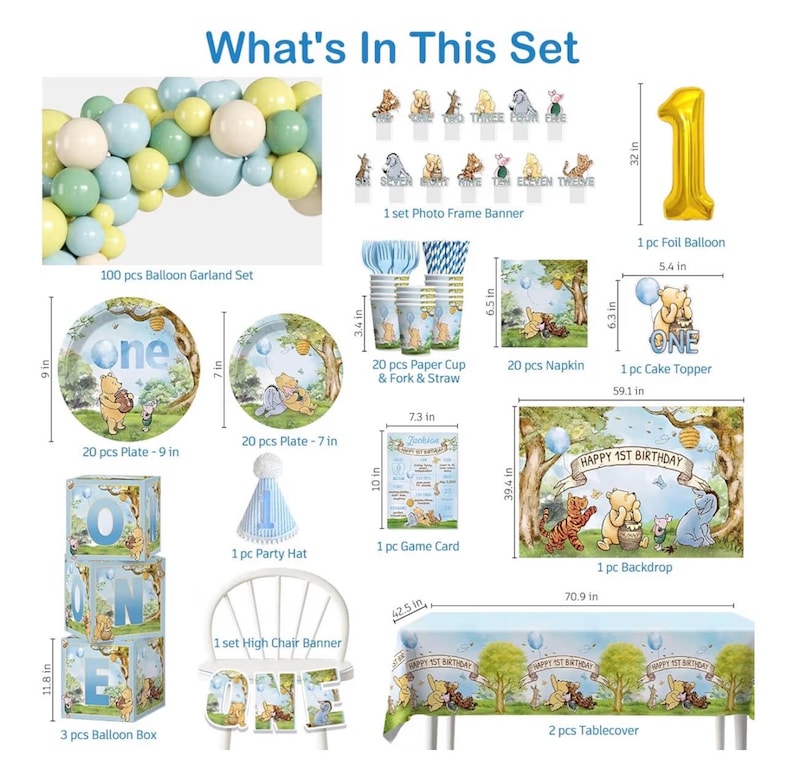 Winnie 1st Birthday Decorations Pooh Bear Balloon Arch Kit Banner Cake Decorations First Birthday Backdrop Pooh Plates And Napkins Set