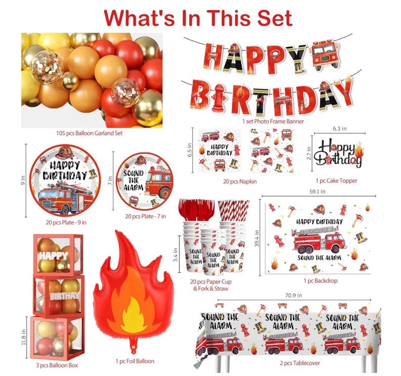 234pcs Firetruck Birthday Decorations, All-in-one Set Includes 300gsm Paper Plates Waterproof Plastic Tablecloth, Balloons,Fire Truck Decor