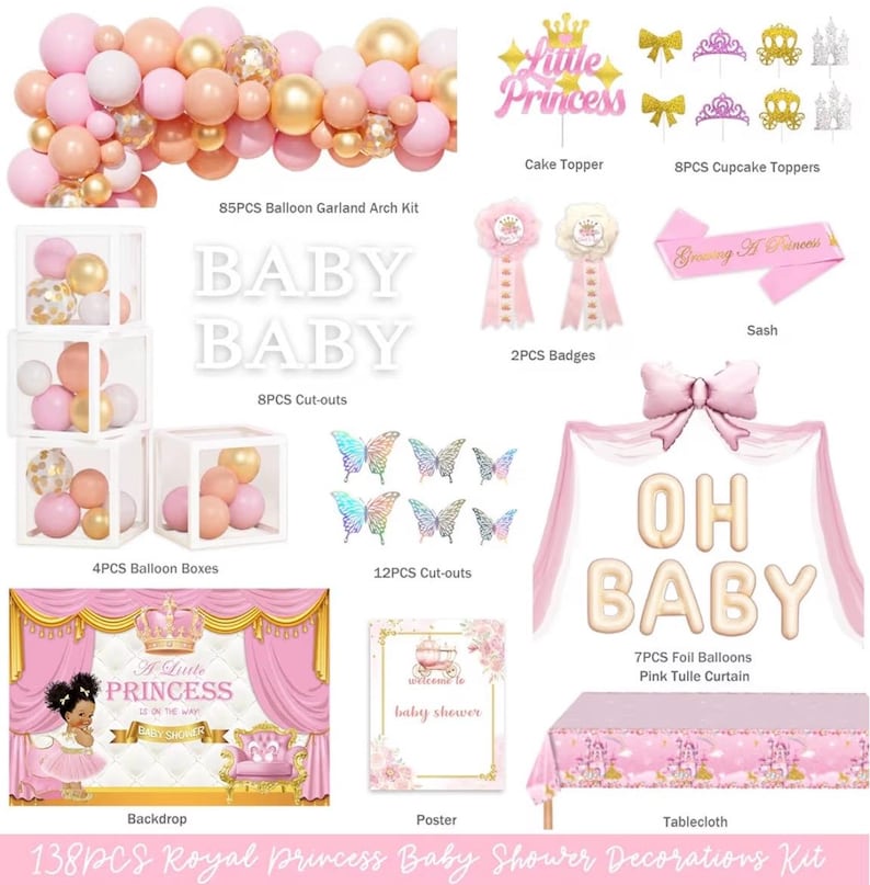 Royal Princess Baby Shower Decorations, 138PCs  Baby Princess Party Supplies with A Little Princess Is on the Way Backdrop, Balloon Garland
